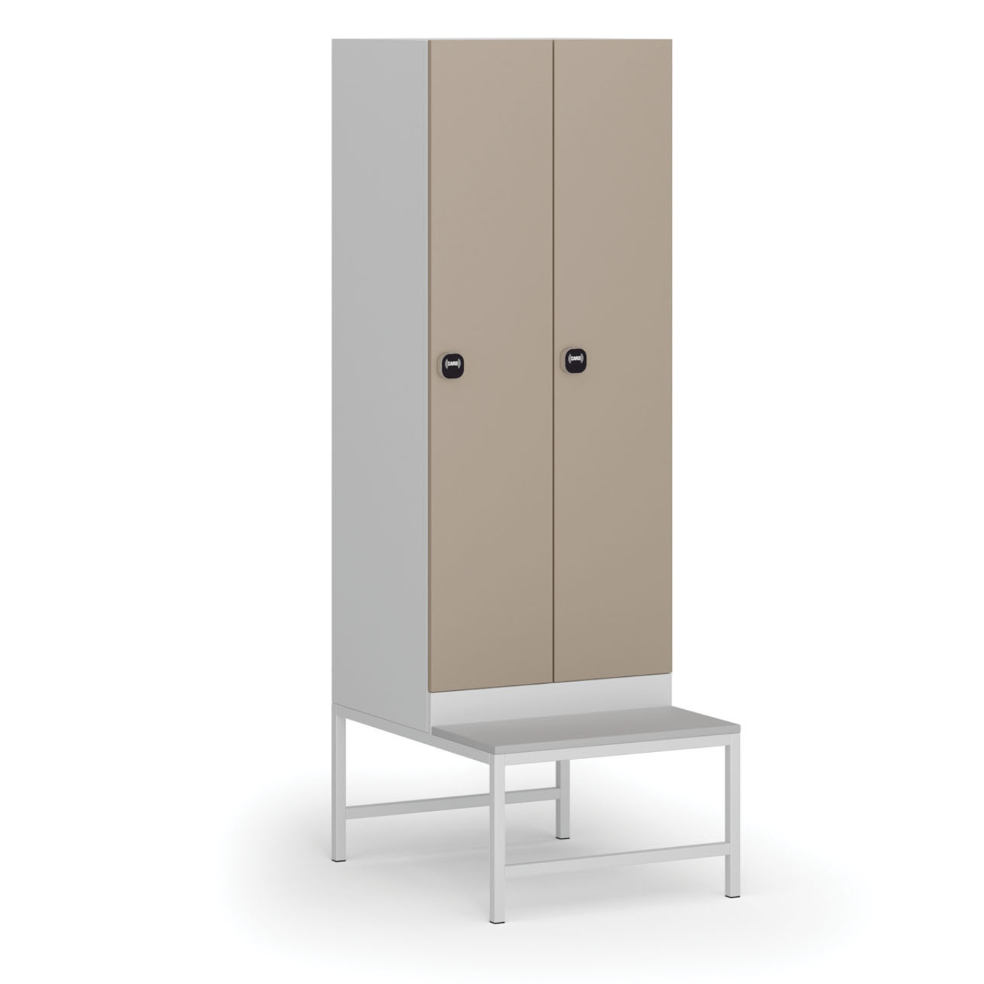 Szafka ubraniowa z ławką, 2-drzwiowa, 1875 x 600 x 500/800 mm, zamek RFID, drzwi beżowe