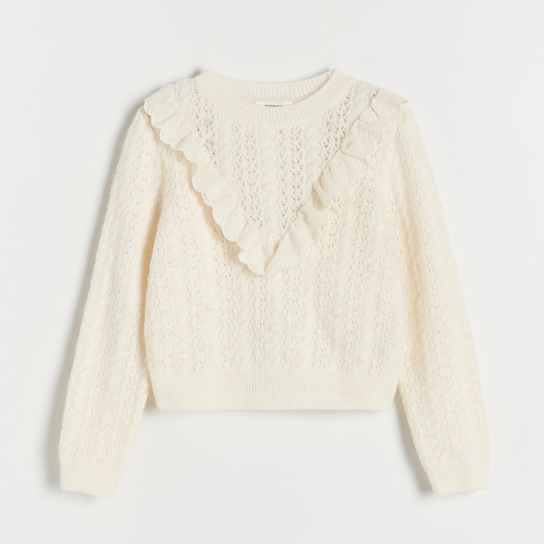 Reserved - Dzianinowy sweter z falbaną - Kremowy