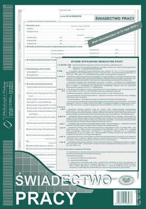 DRUK ŚWIADECTWO PRACY 501-1K