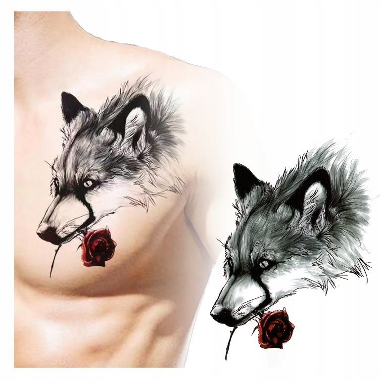 Tatuaż Zmywalny Tymczasowy Wodny Wilk Z Różą
