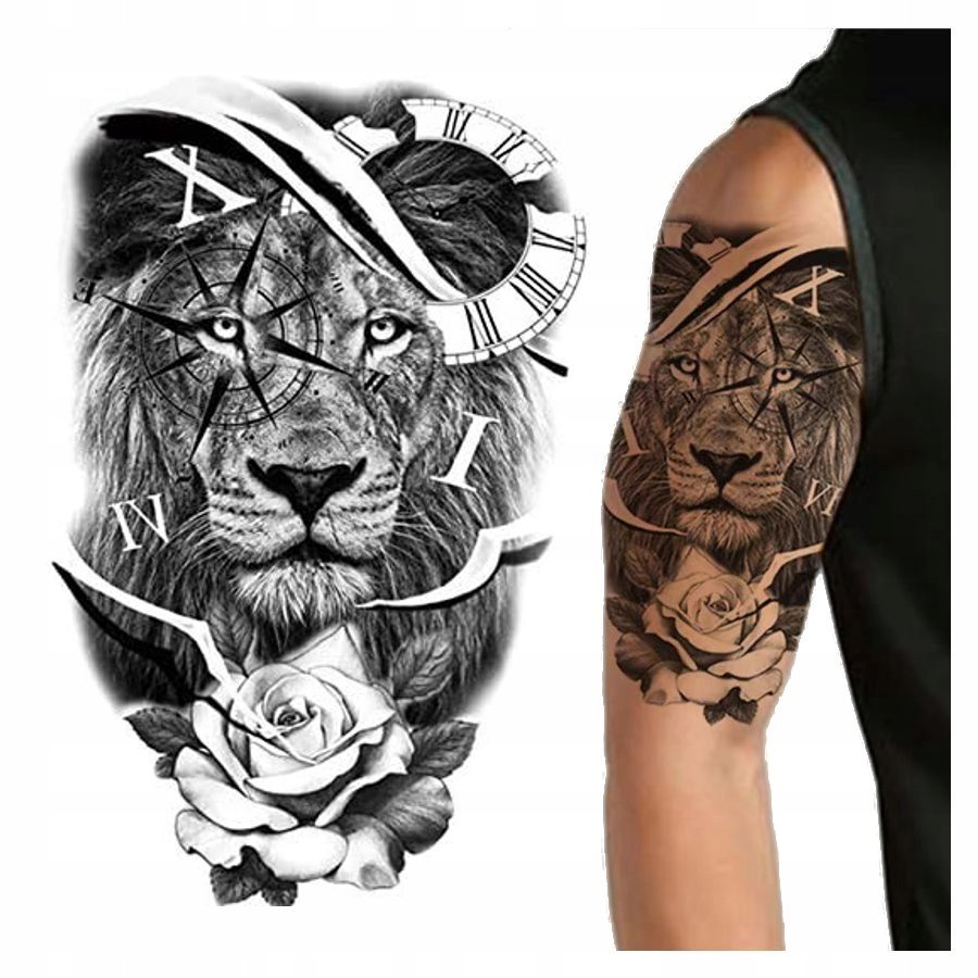 Tatuaż Zmywalny Tymczasowy Lew / Zegar / Róża