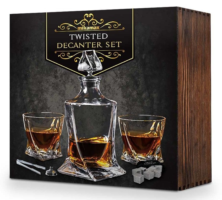 Zestaw TWISTED do Whisky: Karafka + Dwie Szklanki + Kamienie + Szczypce + Skrzynia