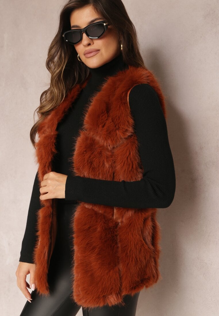 Brązowo-Pomarańczowa Futrzana Kamizelka z Wstawkami z Ekoskóry Lewja