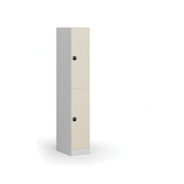 Szafka ubraniowa ze schowkami, 2 schowki, 1850 x 300 x 500 mm, zamek z czytnikiem kart RFID, drzwi laminowane, brzoza