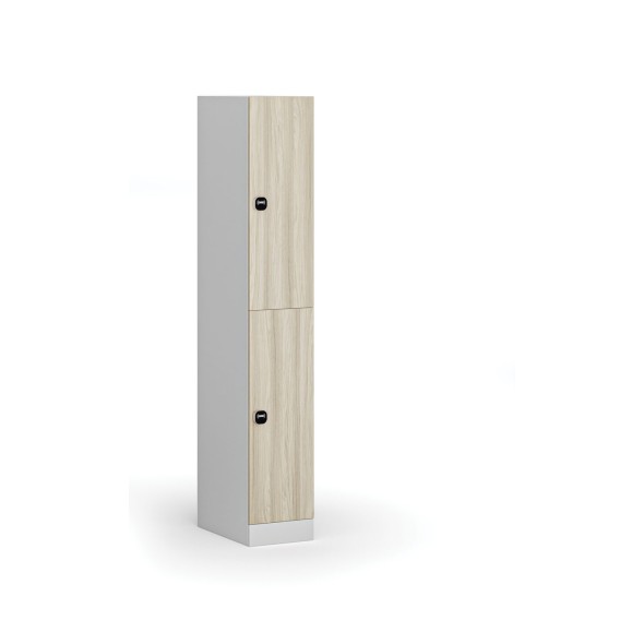 Szafka ubraniowa ze schowkami, 2 schowki, 1850 x 300 x 500 mm, zamek z czytnikiem kart RFID, drzwi laminowane, dąb naturalny