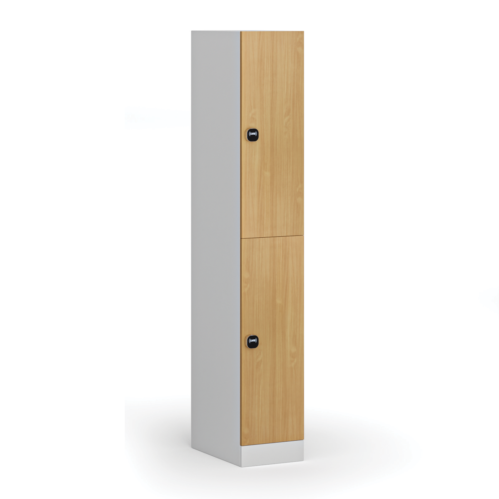 Szafka ubraniowa ze schowkami, 2 schowki, 1850 x 300 x 500 mm, zamek z czytnikiem kart RFID, drzwi laminowane, buk