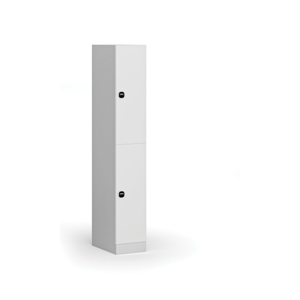 Szafka ubraniowa ze schowkami, 2 schowki, 1850 x 300 x 500 mm, zamek z czytnikiem kart RFID, drzwi laminowane, biała