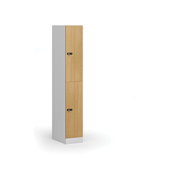 Szafka ubraniowa ze schowkami, 2 schowki, 1850 x 300 x 500 mm, zamek mechaniczny z kodem, drzwi laminowane, buk