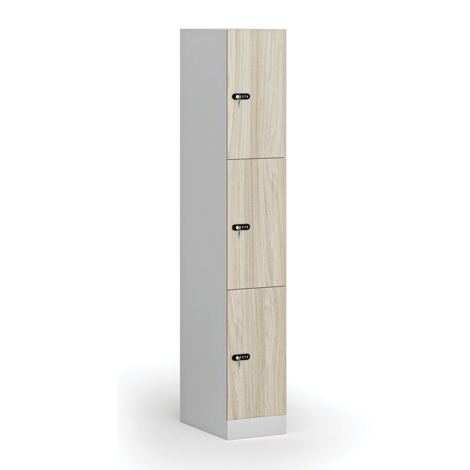 Szafka ubraniowa ze schowkami, 3 schowki, 1850 x 300 x 500 mm, zamek mechaniczny z kodem, drzwi laminowane, dąb naturalny