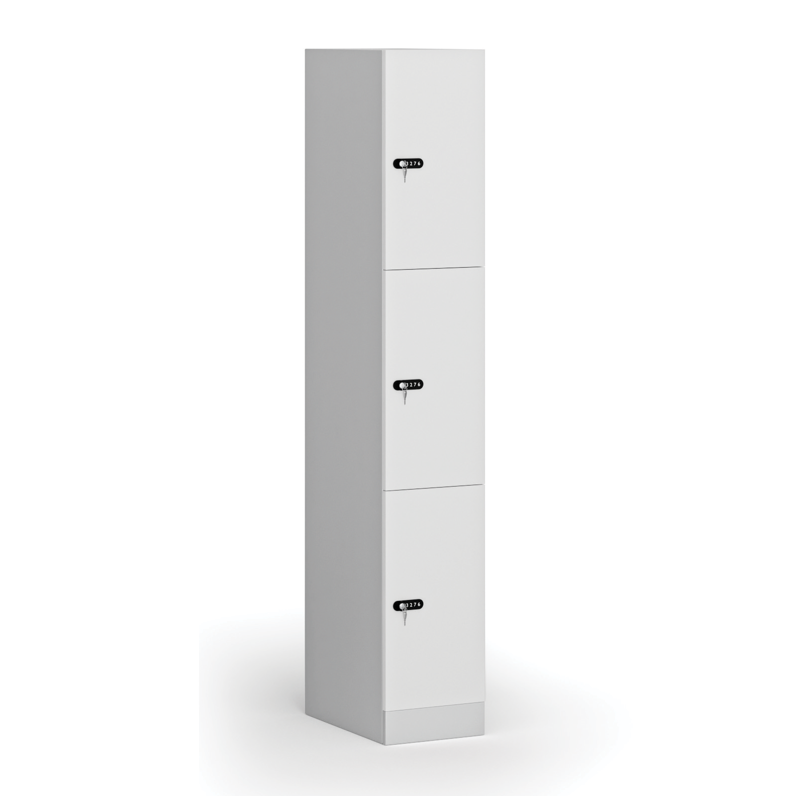 Szafka ubraniowa ze schowkami, 3 schowki, 1850 x 300 x 500 mm, zamek mechaniczny z kodem, drzwi laminowane, biała