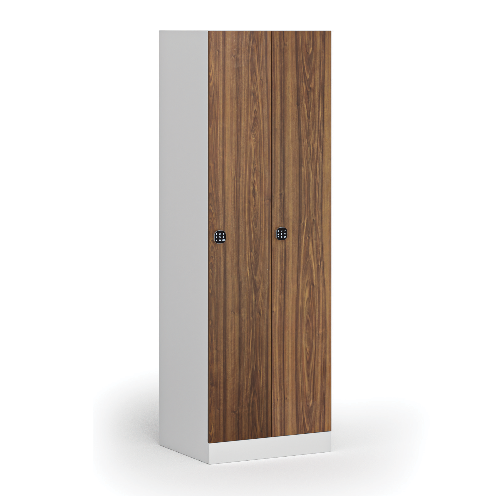 Szafka ubraniowa metalowa, 2-drzwiowa, 1850 x 600 x 500 mm, zamek elektroniczny na kod, drzwi laminowane, orzech