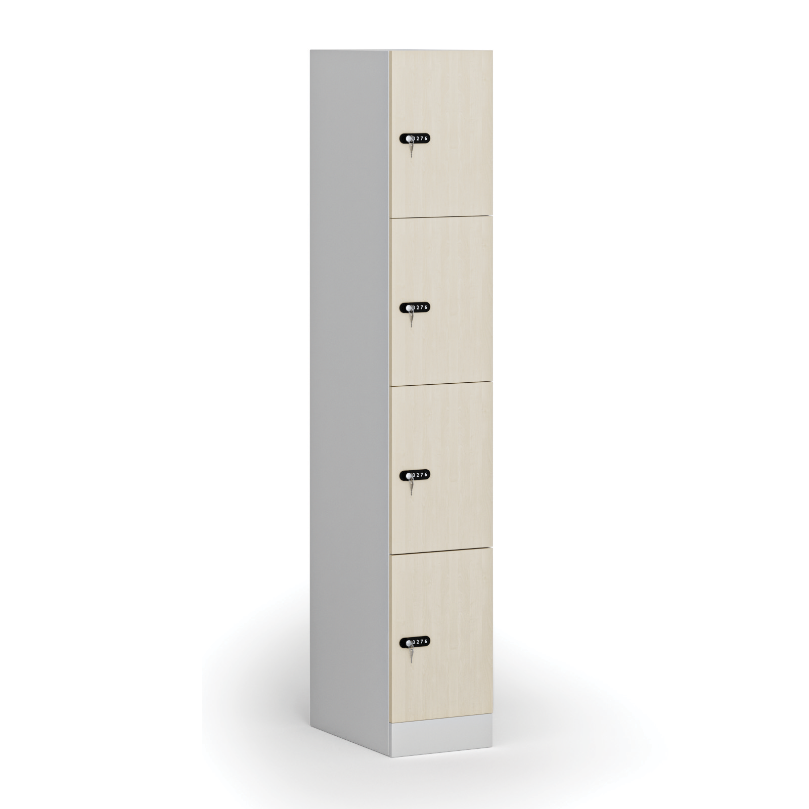 Szafka ubraniowa ze schowkami, 4 schowki, 1850 x 300 x 500 mm, zamek mechaniczny z kodem, drzwi laminowane, brzoza