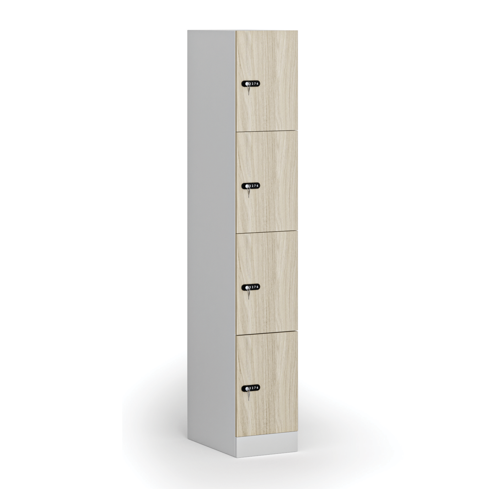 Szafka ubraniowa ze schowkami, 4 schowki, 1850 x 300 x 500 mm, zamek mechaniczny z kodem, drzwi laminowane, dąb naturalny