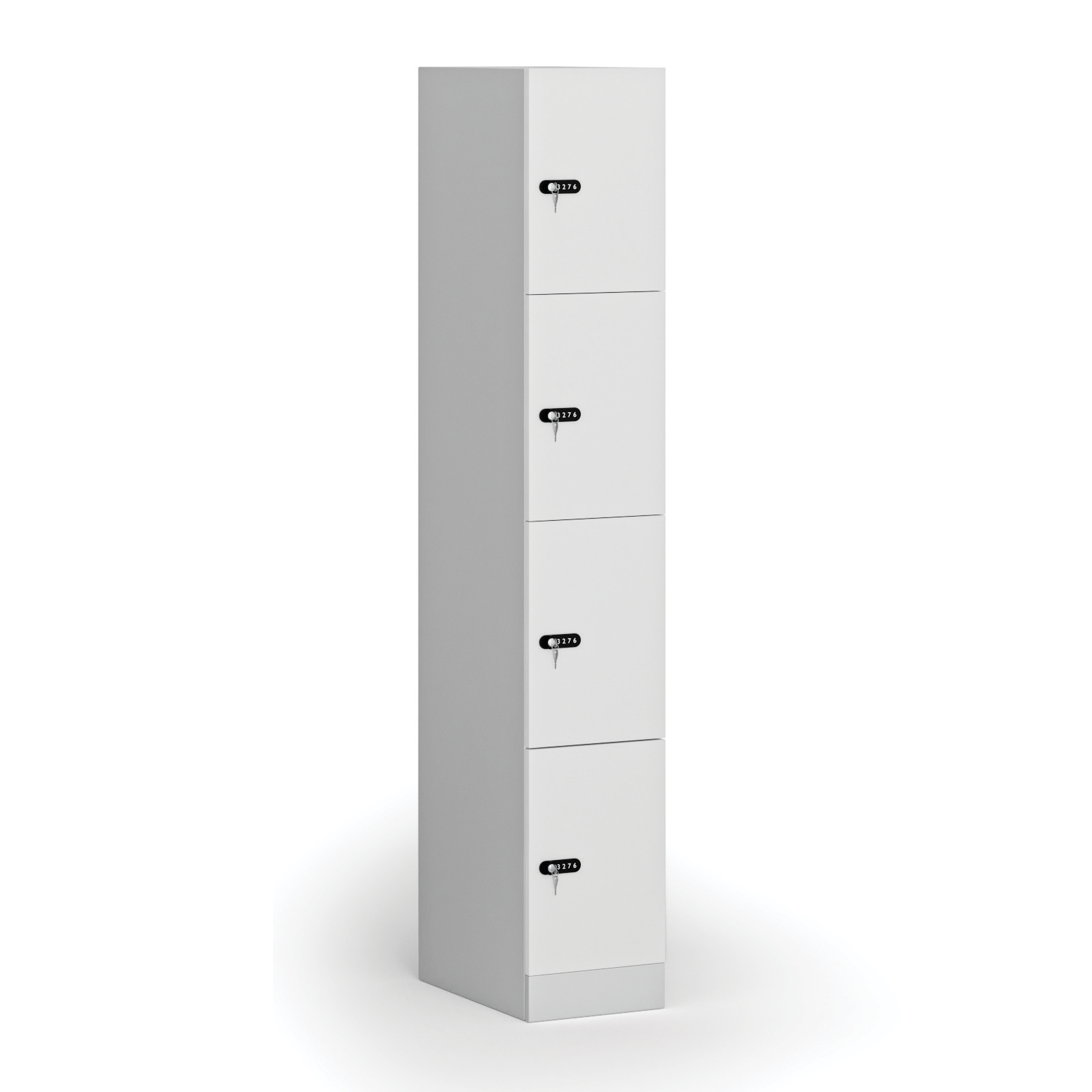 Szafka ubraniowa ze schowkami, 4 schowki, 1850 x 300 x 500 mm, zamek mechaniczny z kodem, drzwi laminowane, biała