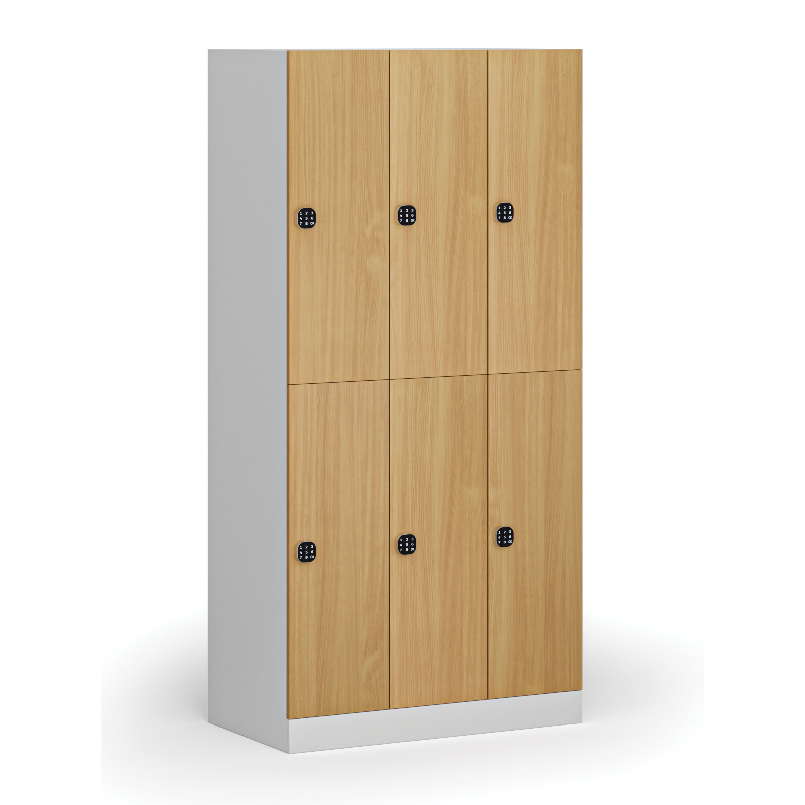 Szafka ubraniowa ze schowkami, 6 schowków, 1850 x 900 x 500 mm, zamek elektroniczny z kodem, drzwi laminowane, buk
