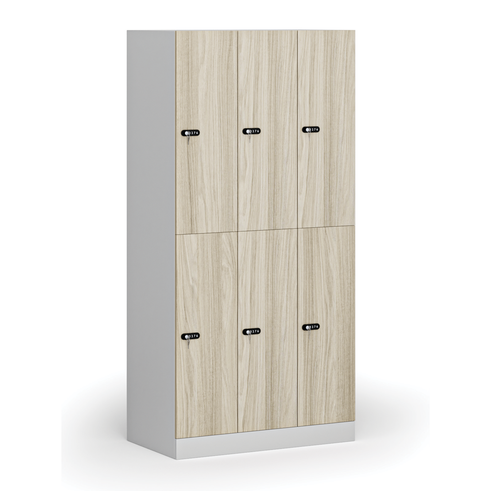 Szafka ubraniowa ze schowkami, 6 schowków, 1850 x 900 x 500 mm, zamek mechaniczny z kodem, drzwi laminowane, dąb naturalny