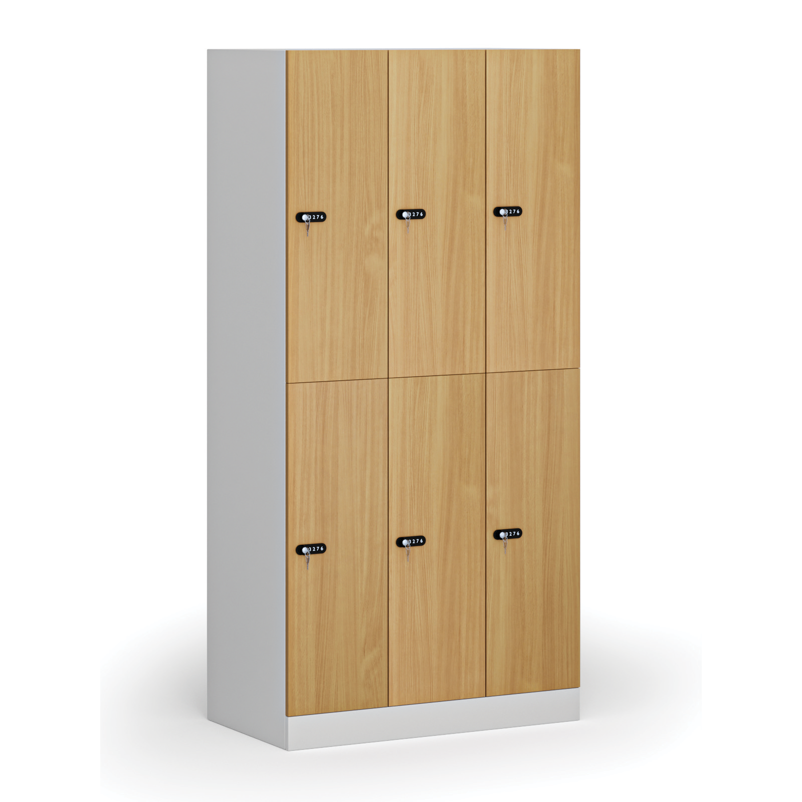 Szafka ubraniowa ze schowkami, 6 schowków, 1850 x 900 x 500 mm, zamek mechaniczny z kodem, drzwi laminowane, buk