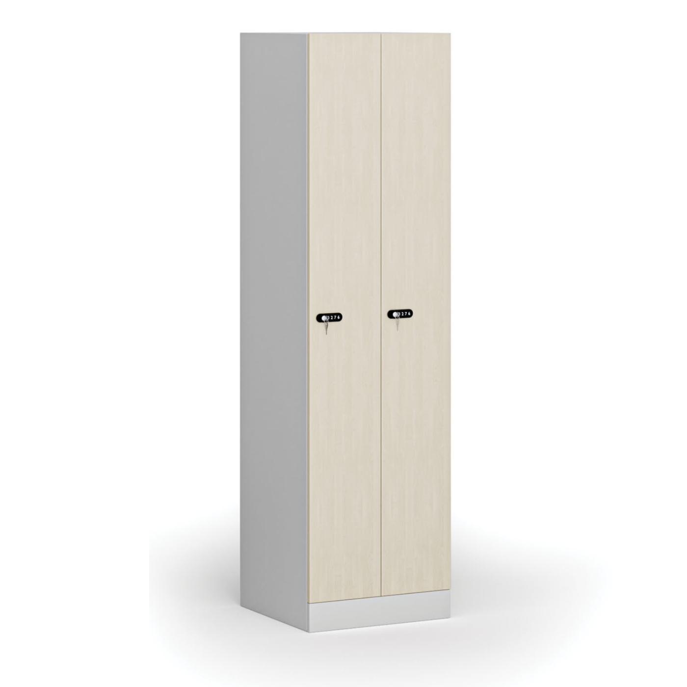 Szafka ubraniowa metalowa, 2 szafki, 1850 x 500 x 500 mm, zamek mechaniczny na kod, drzwi laminowane, brzoza