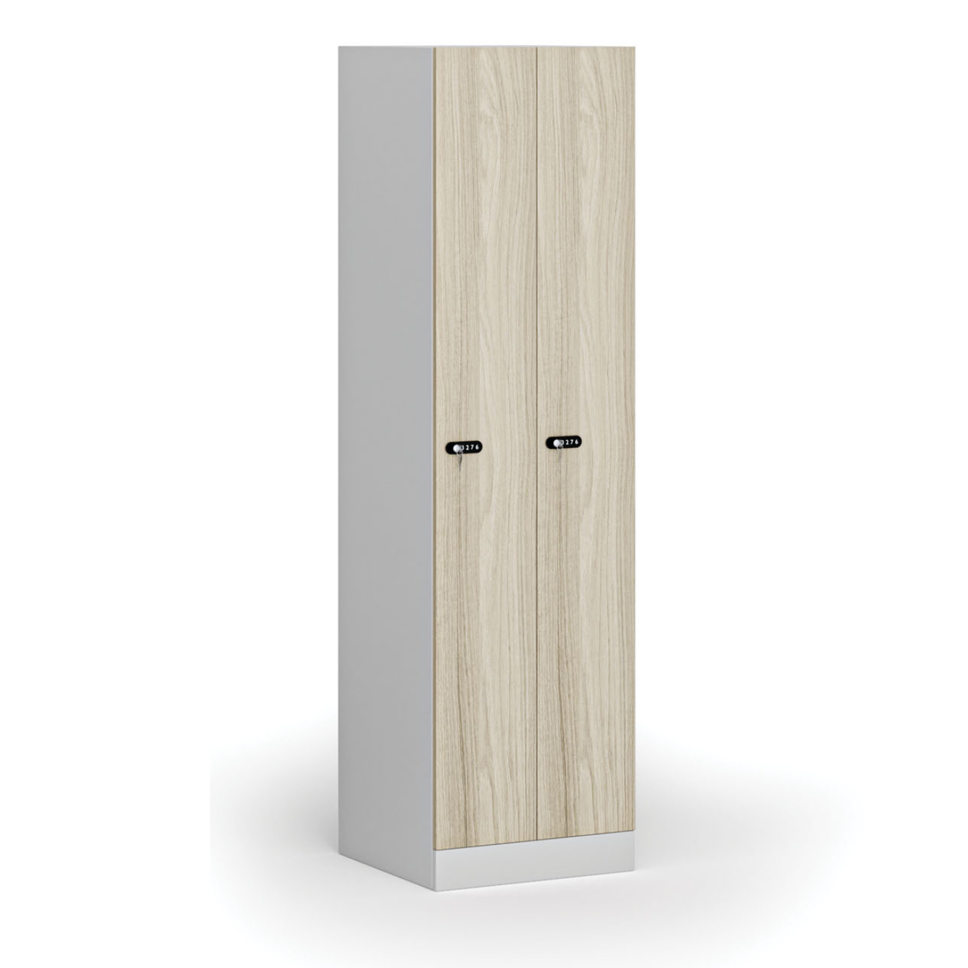 Szafka ubraniowa metalowa, 2 szafki, 1850 x 500 x 500 mm, zamek mechaniczny na kod, drzwi laminowane, dąb naturalny
