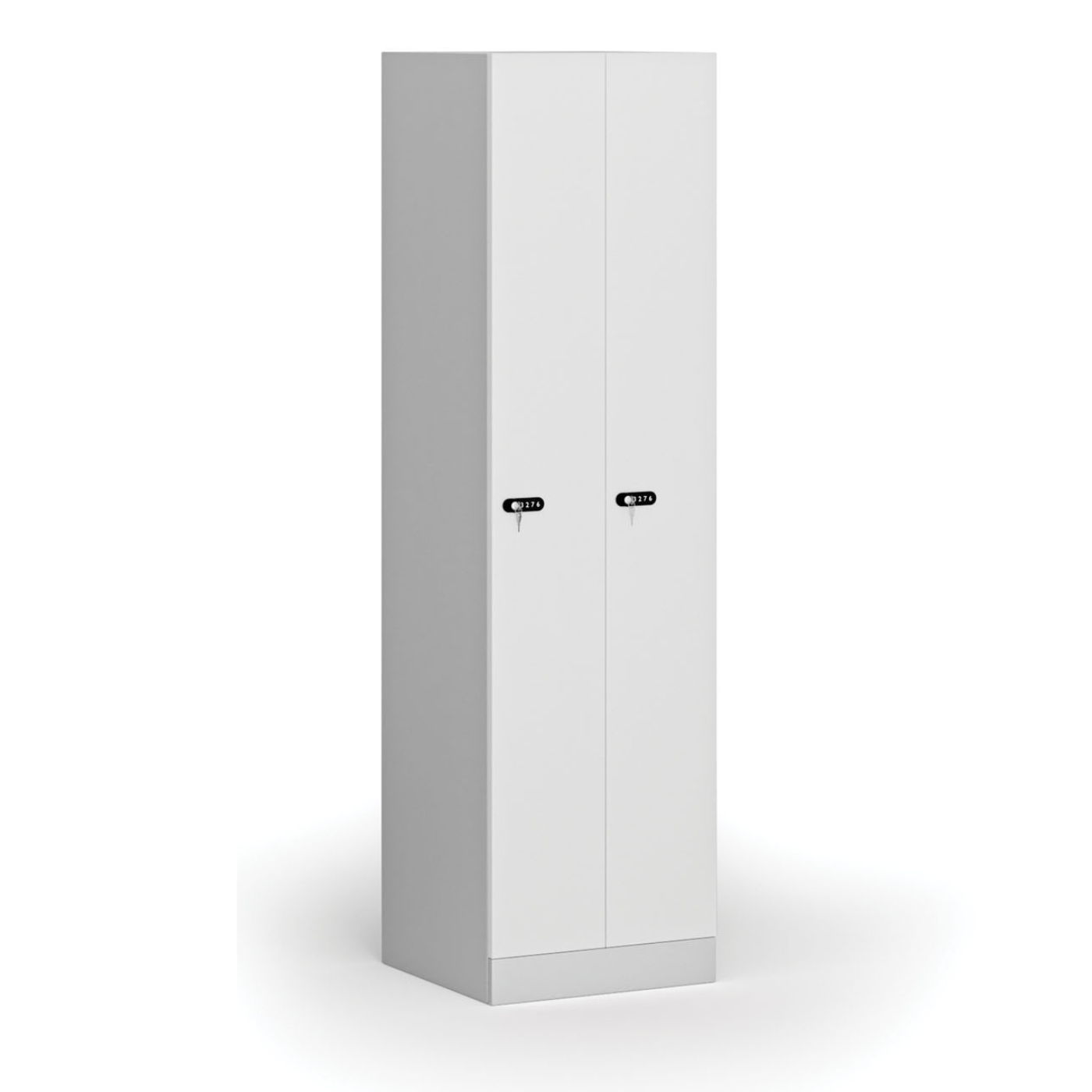 Szafka ubraniowa metalowa, 2 szafki, 1850 x 500 x 500 mm, zamek mechaniczny na kod, drzwi laminowane, biała