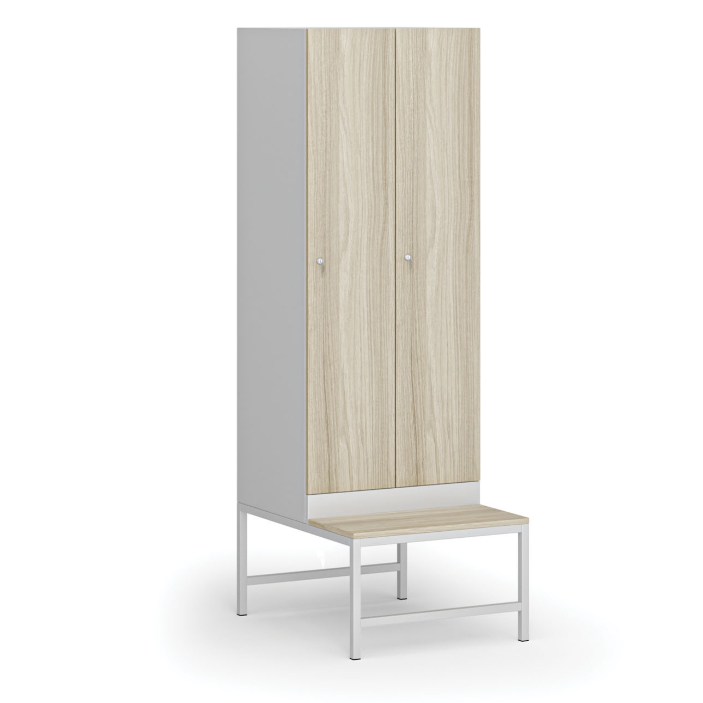 Szafka ubraniowa z ławeczką, 2 szafki, 1875 x 600 x 500/800 mm, zamek cylindryczny, drzwi laminowane, dąb naturalny