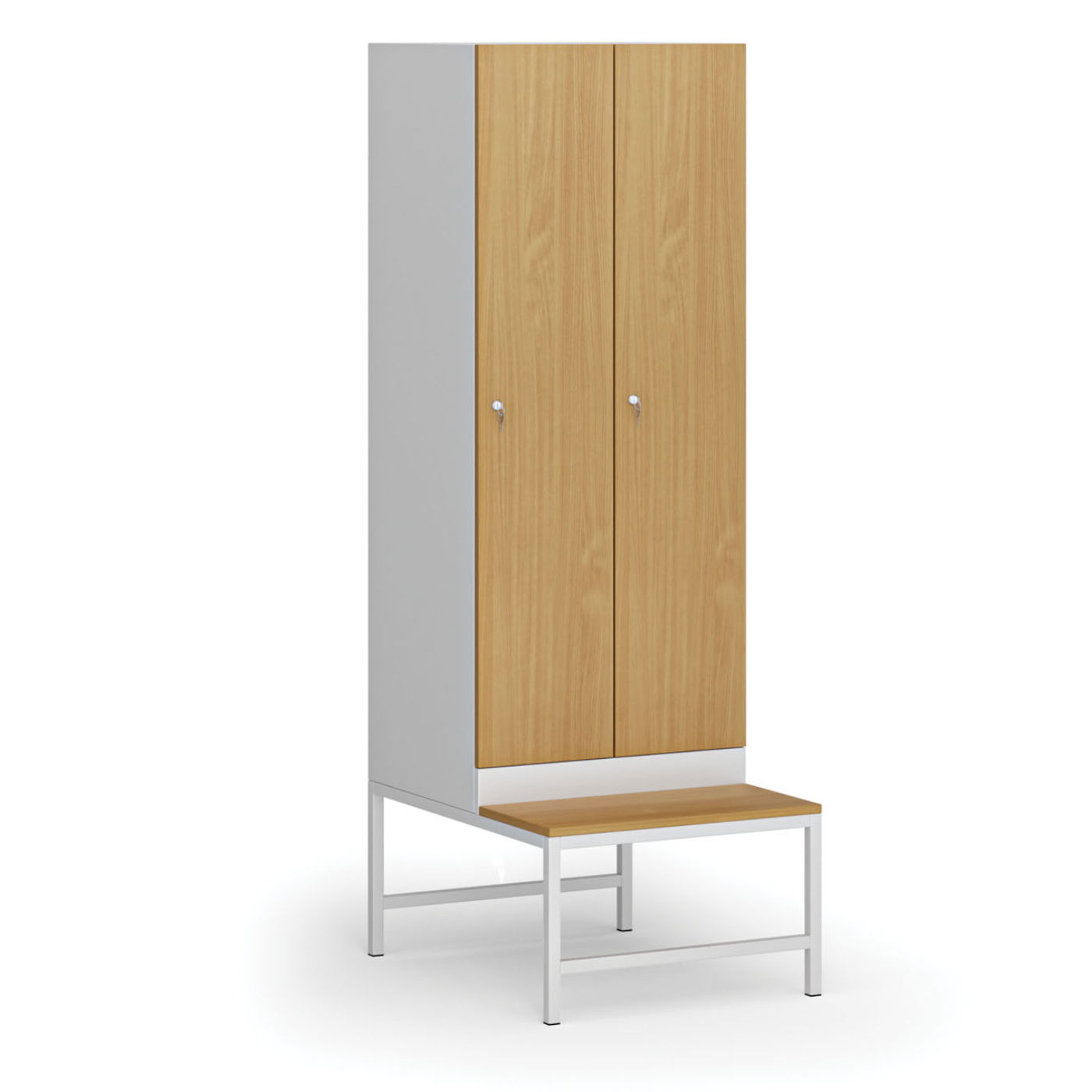 Szafka ubraniowa z ławeczką, 2 szafki, 1875 x 600 x 500/800 mm, zamek cylindryczny, drzwi laminowane, buk