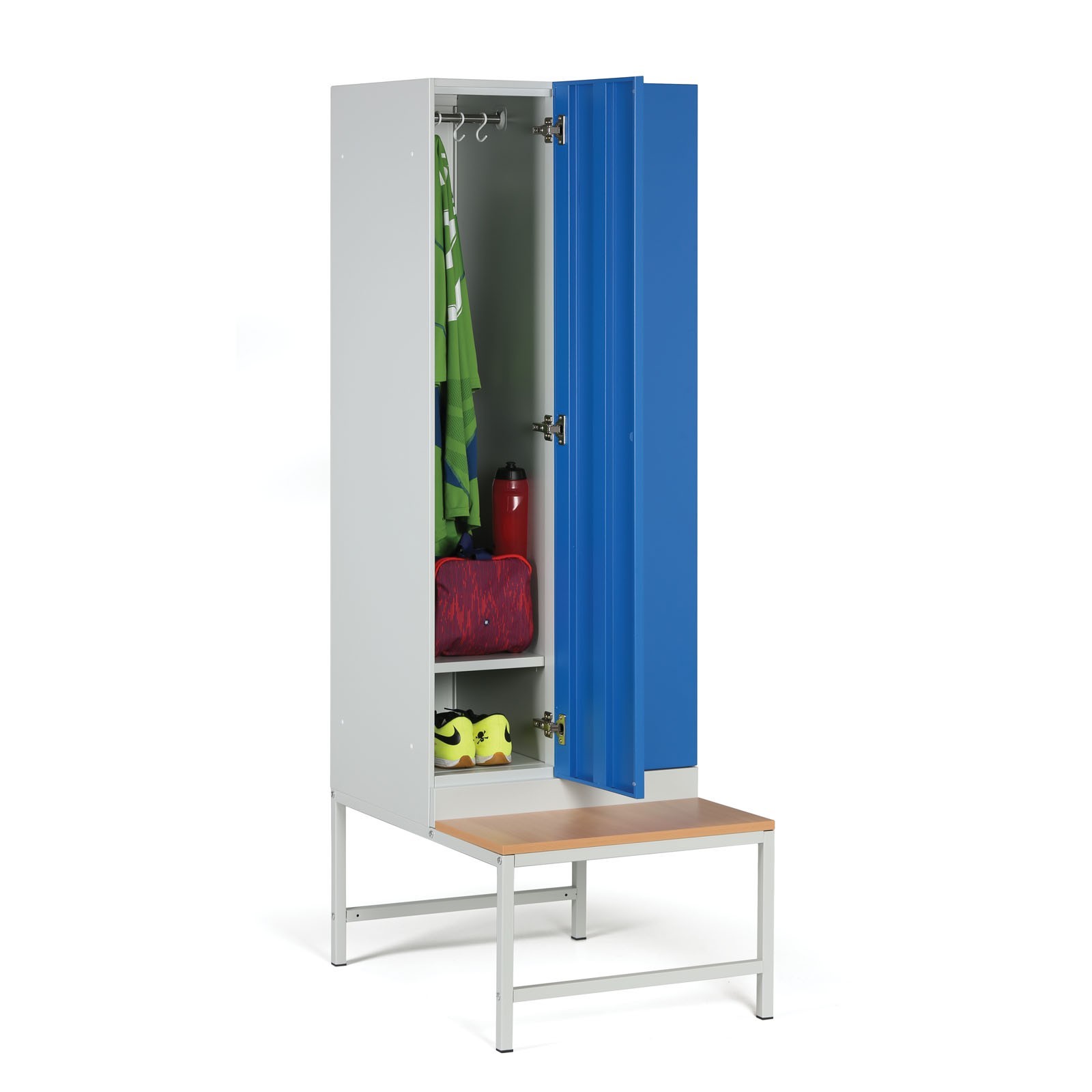 Szafka ubraniowa z ławeczką, 2 szafki, 1875 x 600 x 500/800 mm, zamek z czytnikiem kart RFID, drzwi laminowane, orzech