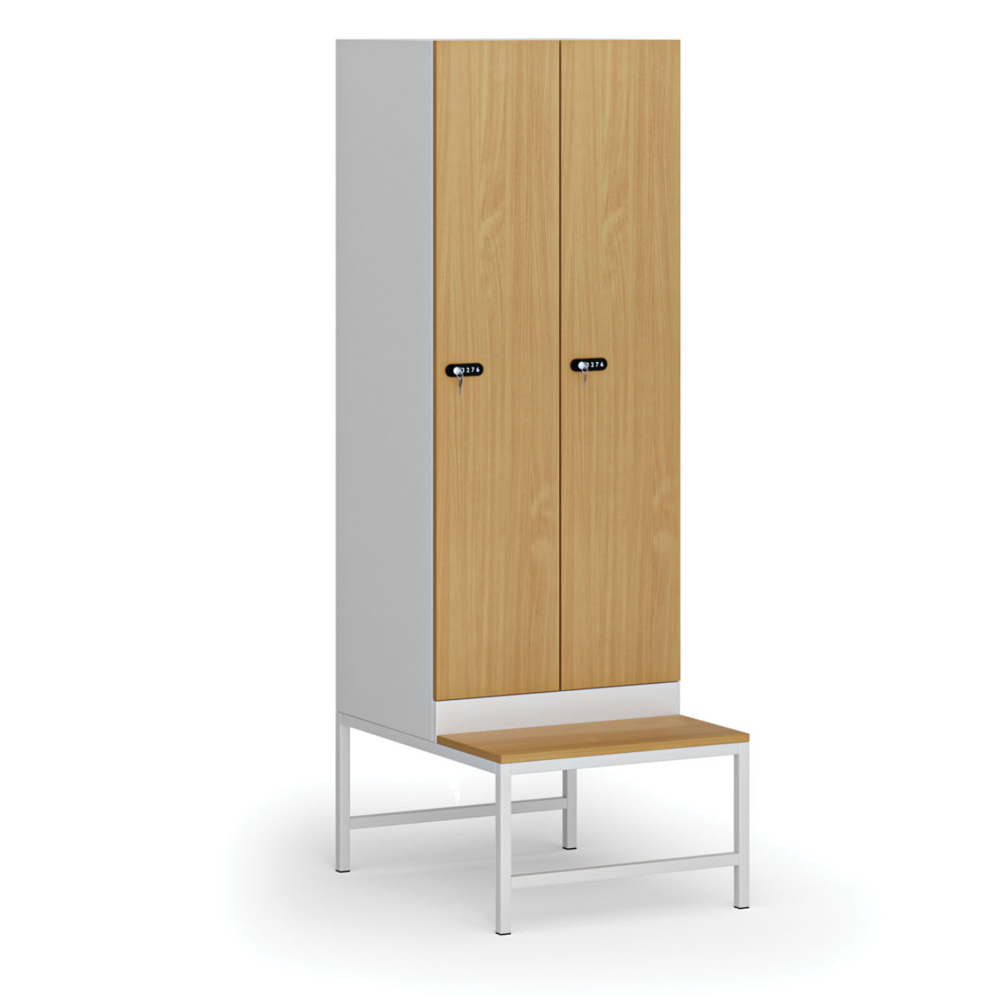Szafka ubraniowa z ławeczką, 2 szafki, 1875 x 600 x 500/800 mm, zamek mechaniczny z kodem, drzwi laminowane, buk
