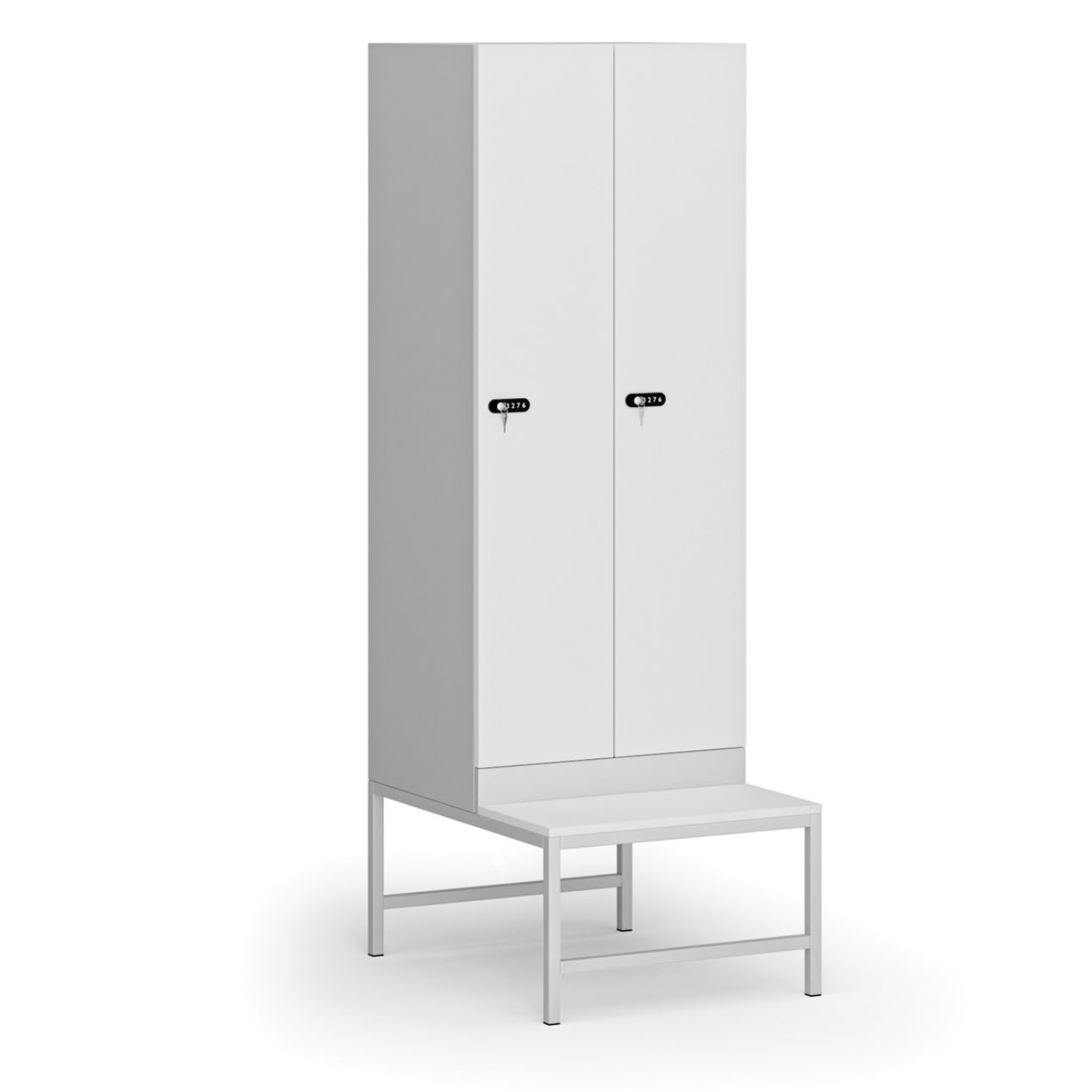 Szafka ubraniowa z ławeczką, 2 szafki, 1875 x 600 x 500/800 mm, zamek mechaniczny z kodem, drzwi laminowane, biała
