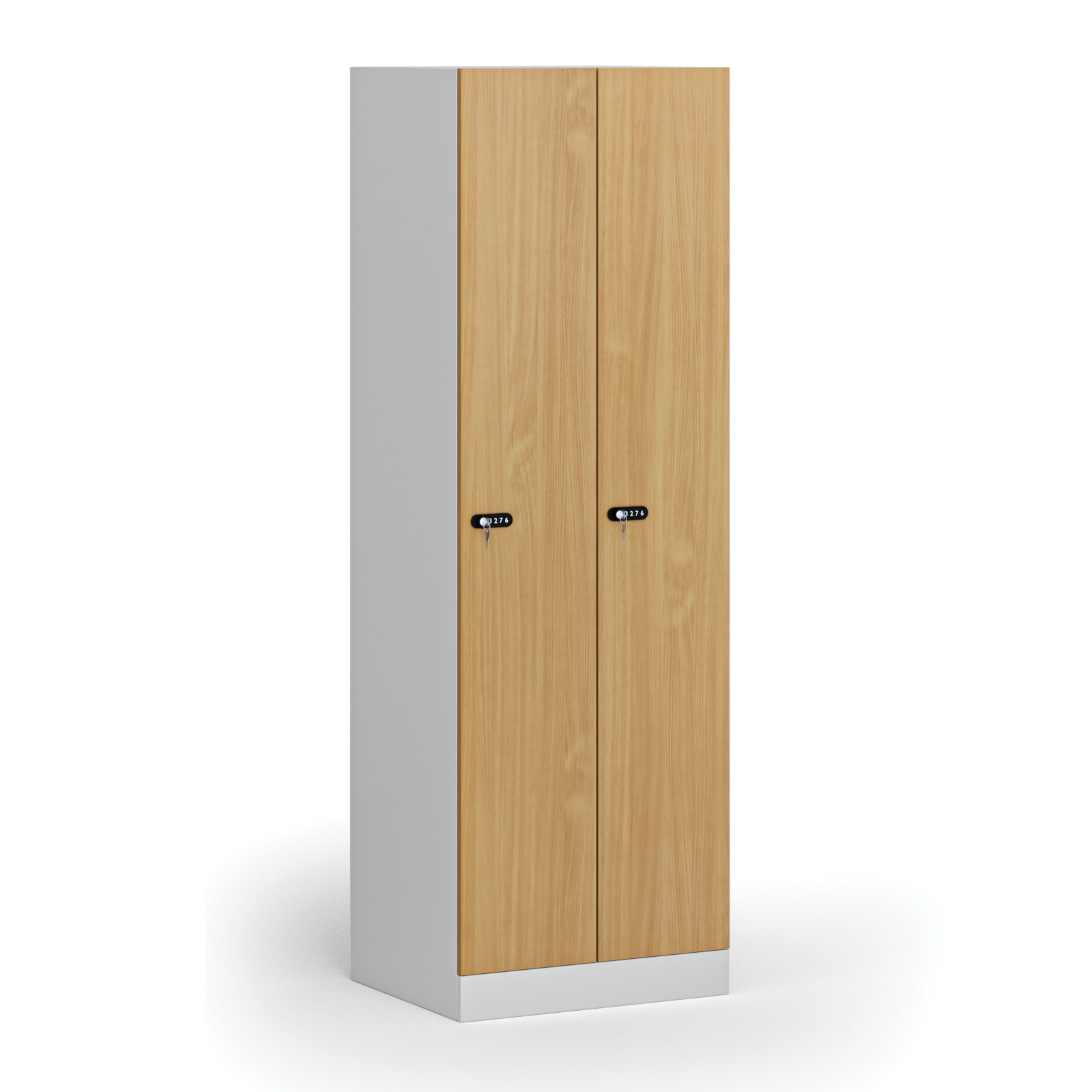 Szafka ubraniowa metalowa, 2-drzwiowa, 1850 x 600 x 500 mm, zamek mechaniczny na kod, drzwi laminowane, buk