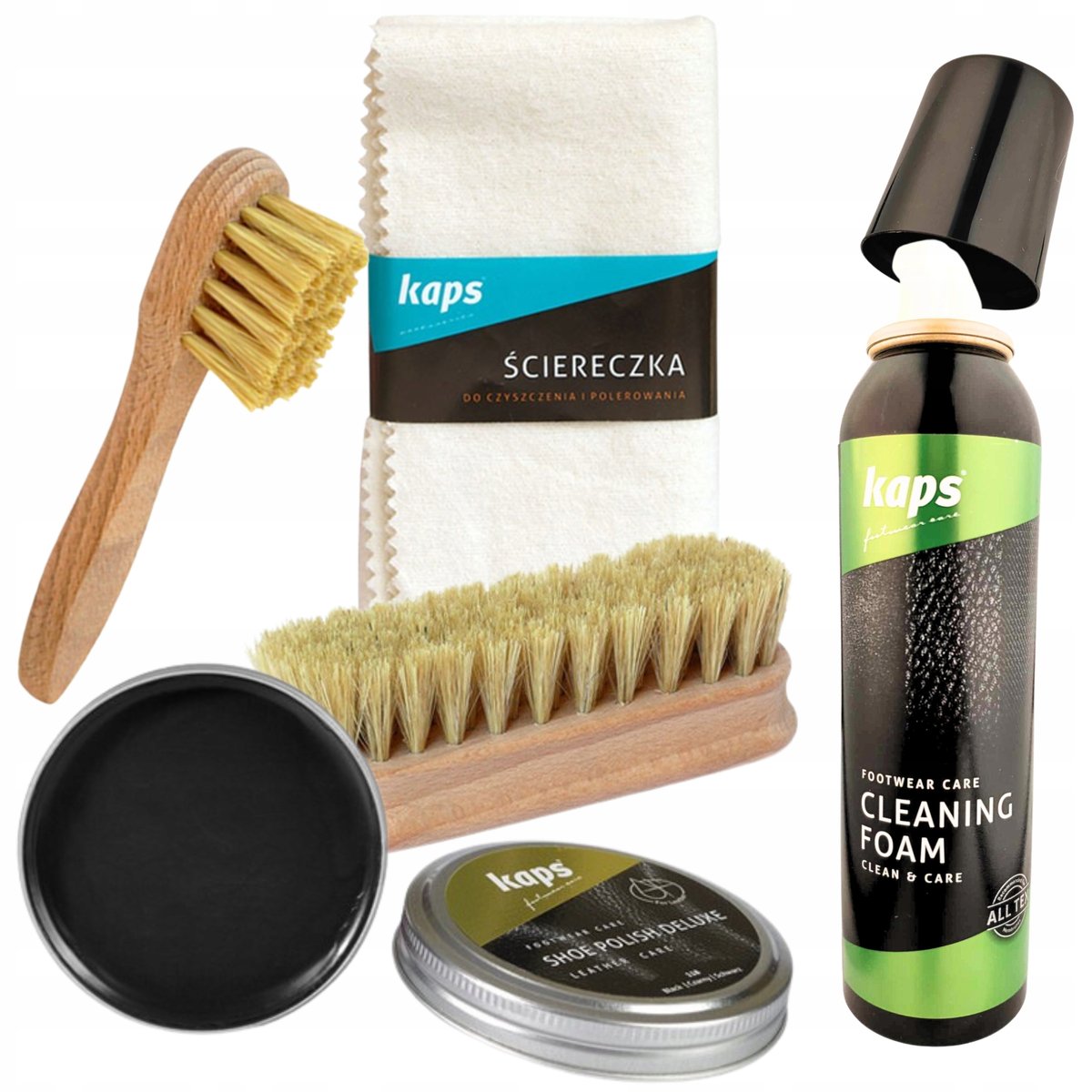 Zestaw Pianka + Szczotka + Mazak + Szmatka + Shoe Polish Czarny - Kaps