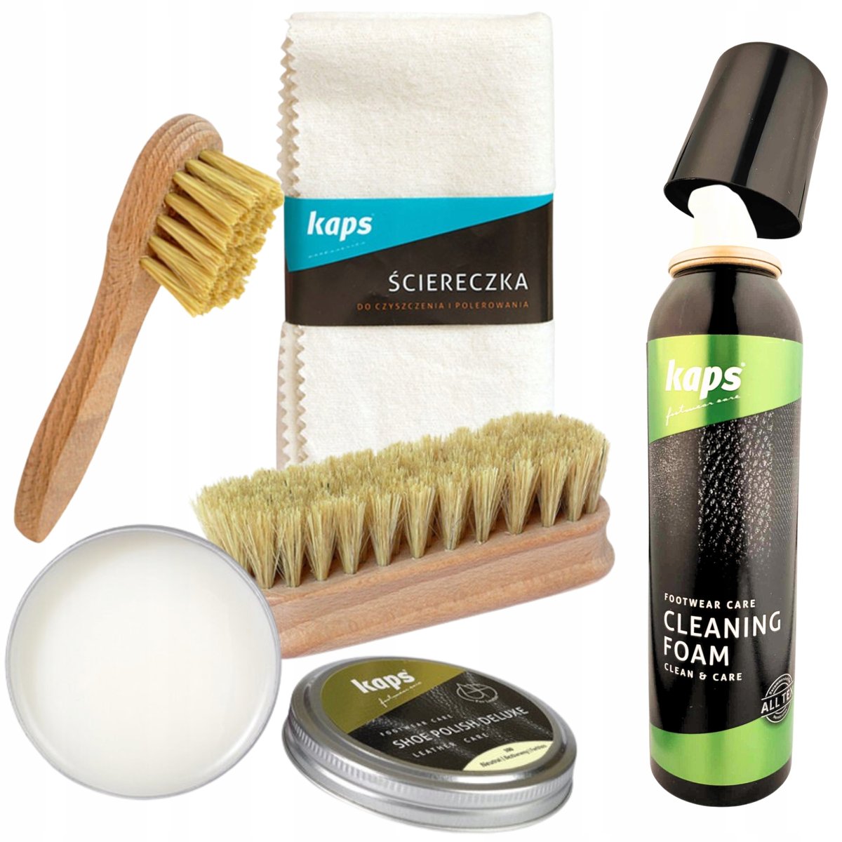 Zestaw Pianka + Szczotka + Mazak + Szmatka + Shoe Polish Bezbarwny - Kaps