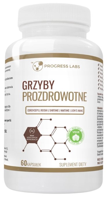 Progress Labs, Grzyby Prozdrowotne Cordyceps Reishi Shiitake Maitake Lion’s Mane, 60 kaps.