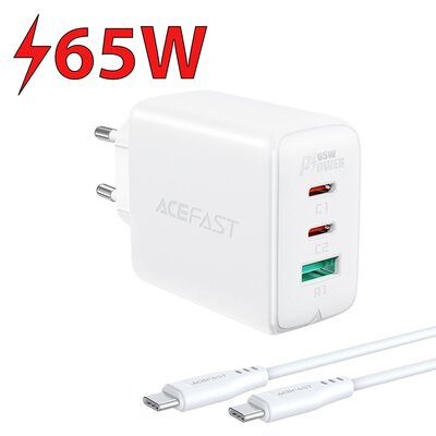 Acefast 2w1 ładowarka sieciowa 2x USB Typ C / USB 65W, PD, QC 3.0, AFC, FCP (zestaw z kablem) biały (A13 white) A13 white