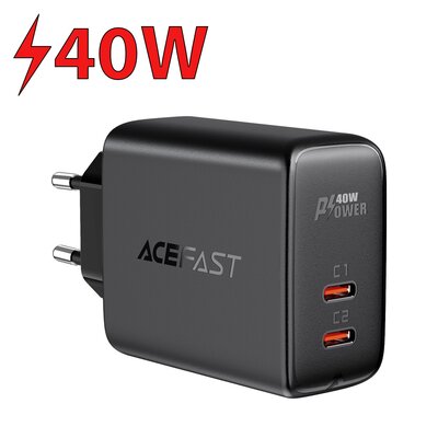 Acefast ładowarka sieciowa 2x USB Typ C 40W, PPS, PD, QC 3.0, AFC, FCP czarny (A9 black) A9 black