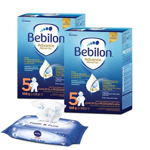 Zestaw 2x Bebilon 5 Pronutra Advance Junior Formuła na bazie mleka dla przedszkolaka, 1000g + Nivea Baby Fresh&Pure Chusteczki nawilżane, 63szt.