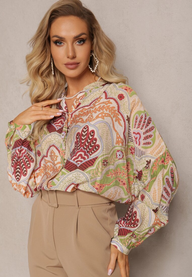 Beżowa Koszula z Wiskozą Zapinana Guzikami w Modny Wzór z Ornamentami Mingula