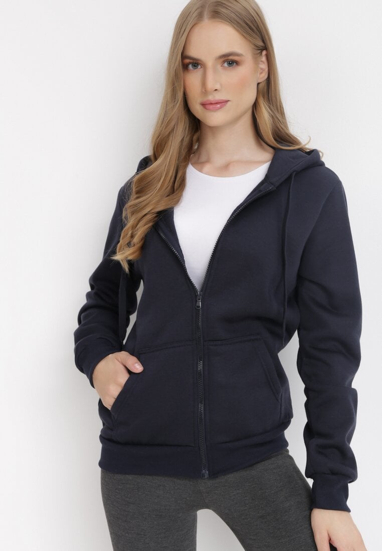 Granatowa Bluza z Kapturem Zapinana na Suwak Bran