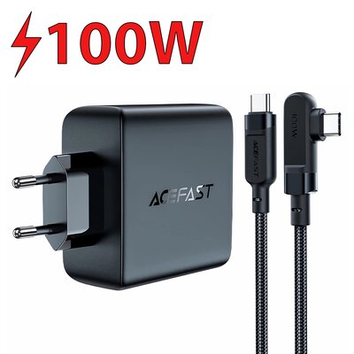 Acefast szybka ładowarka sieciowa GaN 3xUSB-C/1xUSB-A 100W czarna + kabel kątowy USB-C - USB-C 100W 2m czarny