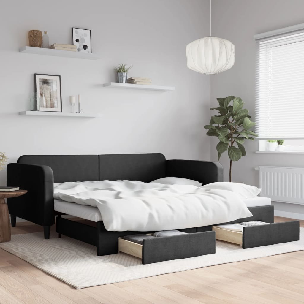 Sofa rozsuwana z szufladami, czarna, 100x200 cm, tkanina Lumarko!