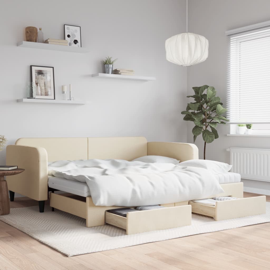 Sofa rozsuwana z szufladami, kremowa, 100x200 cm, tkanina Lumarko!