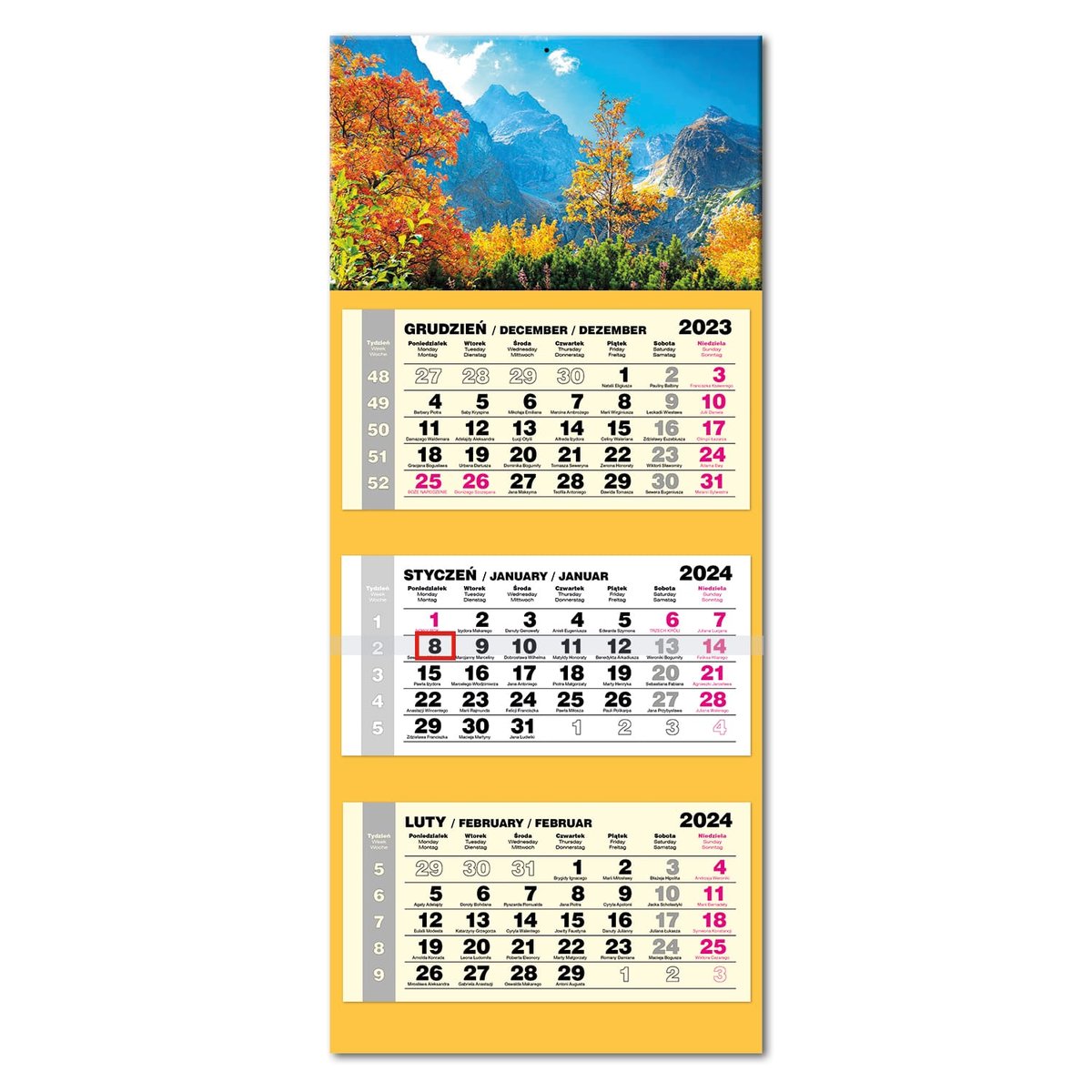 Kalendarz miesięczny, 2024, 33,5x76,5 cm, trójdzielny lux z główką wypukłą, ścienny, Mix wzorów