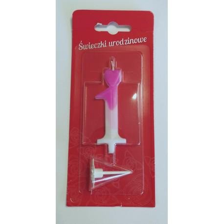 ŚWIECZKA NA TORT BIAŁO RÓŻOWA CYFRA 1