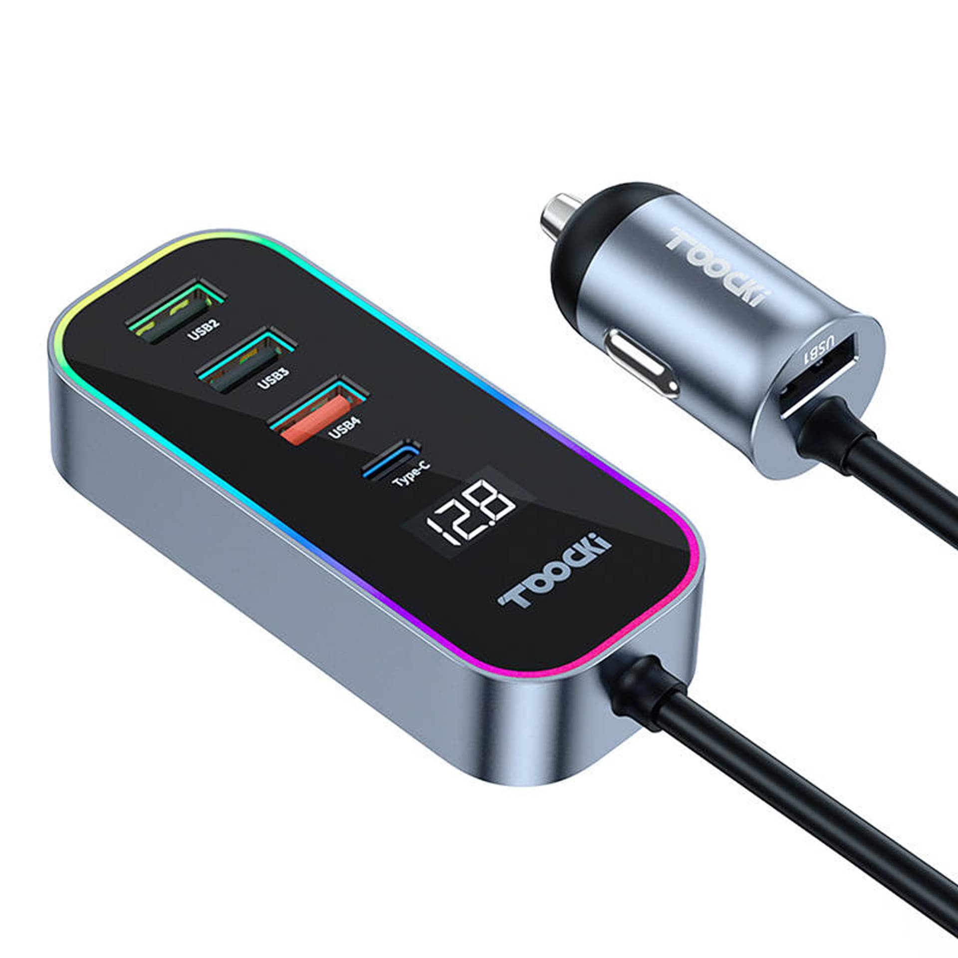 Ładowarka samochodowa Toocki 4xUSB + USB-C, 105W (szara)