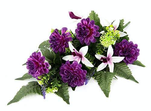 Ozdoba nagrobna ze sztucznymi daliami i orchideami, nakładka na grób, sztuczne kwiaty, dekoracja nagrobna, kompozycja cmentarna, aranżacja kwiatów, bieżnik stołowy, jedwabne kwiaty, dekoracja