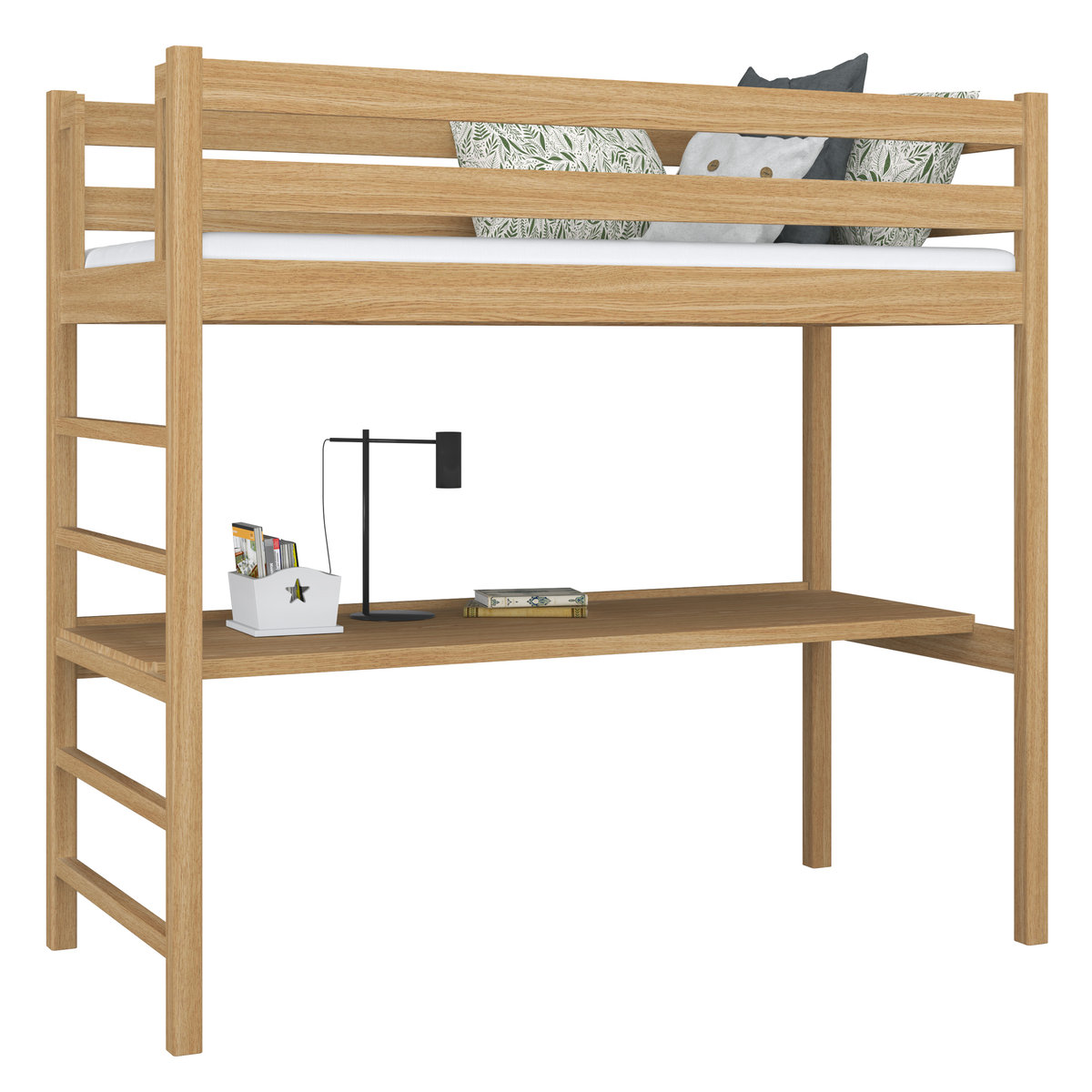 Drewniane łóżko na antresoli z biurkiem N01 dąb naturalny 80x180