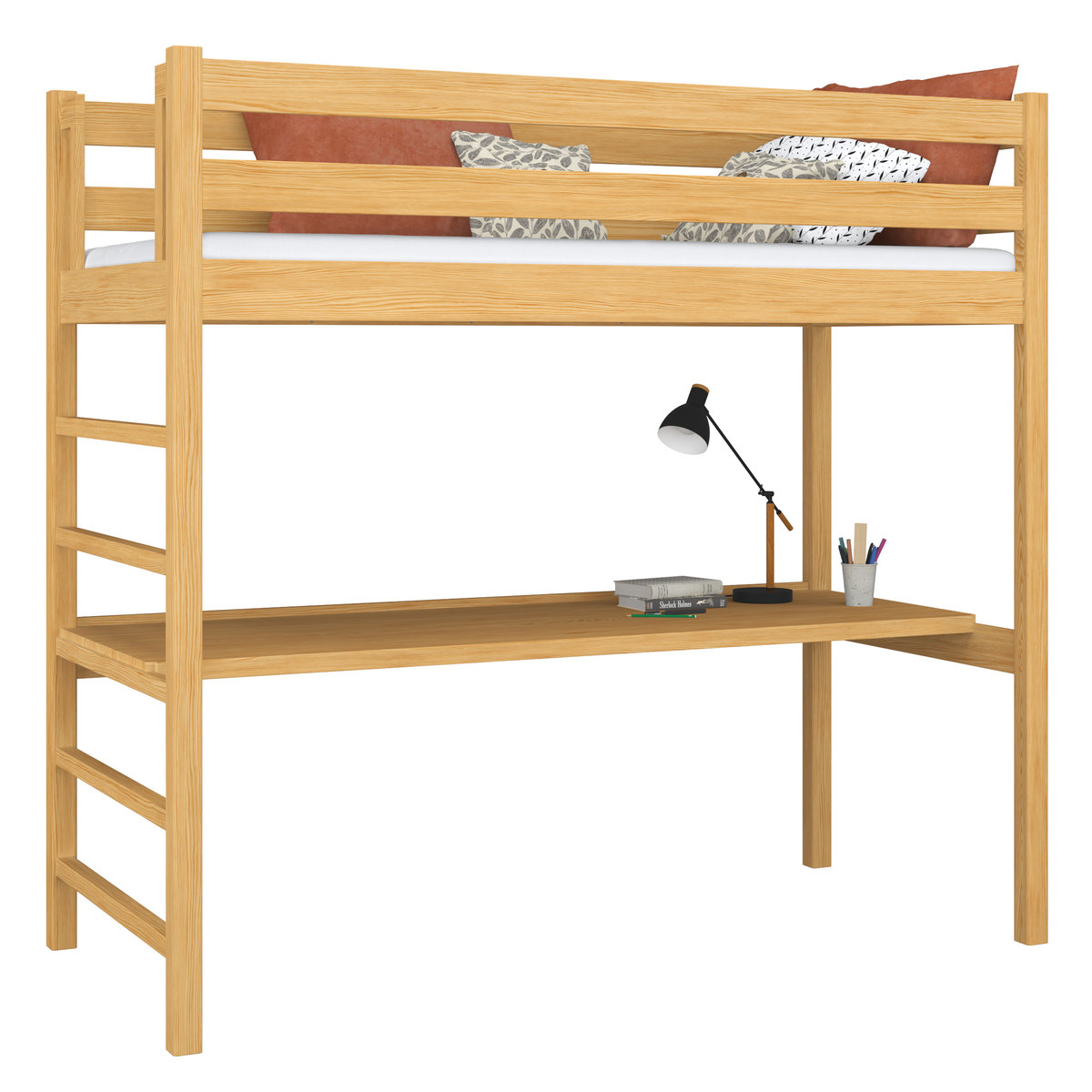 Drewniane łóżko na antresoli z biurkiem N01 sosna naturalna 80x180