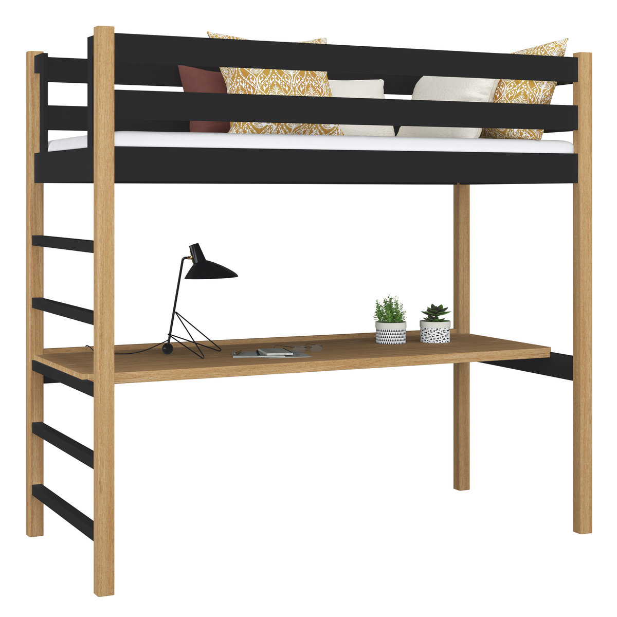 Drewniane łóżko na antresoli z biurkiem N01 czarno dębowy 90x200