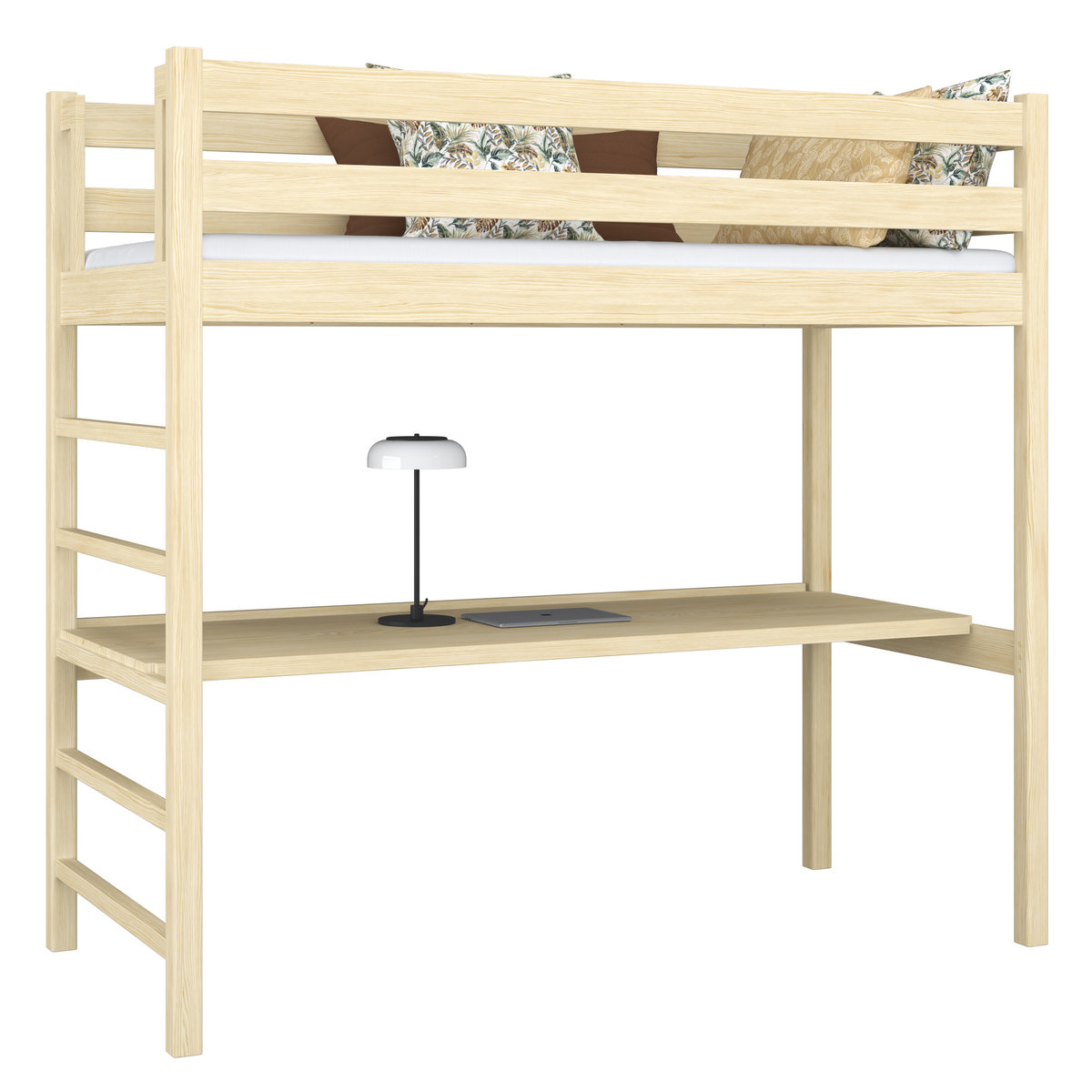 Drewniane łóżko na antresoli z biurkiem N01 sosna bebarwna 80x180