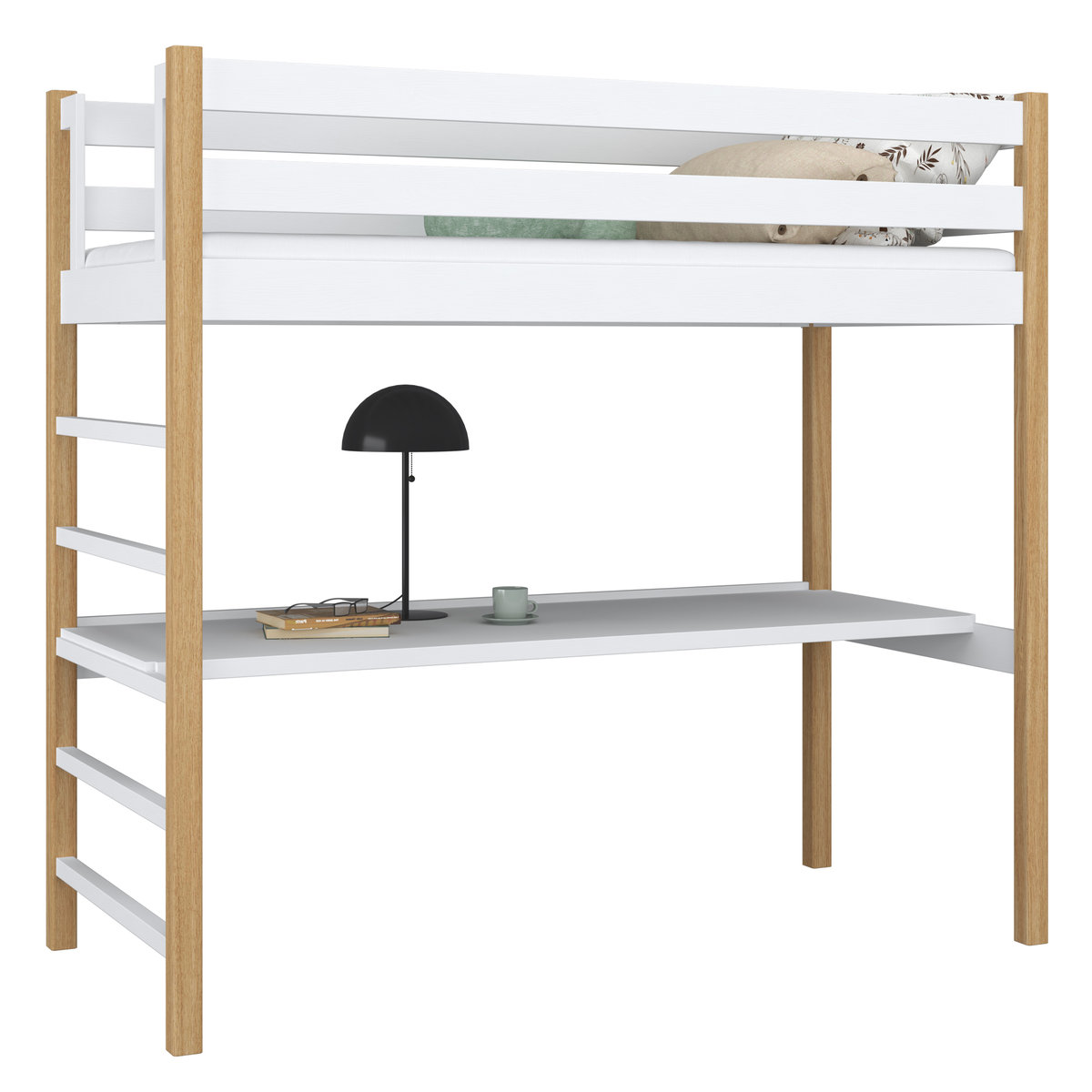 Drewniane łóżko na antresoli z biurkiem N01 biało dębowy 80x180